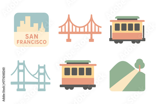 San francisco icon set: golden gate bridge, cable car, and cityscape in flat design