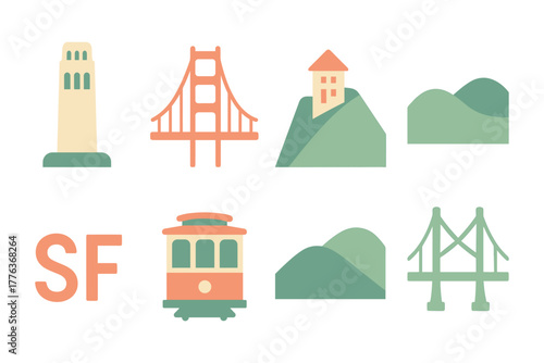 San francisco icons: golden gate, cable car, and more in minimalist design