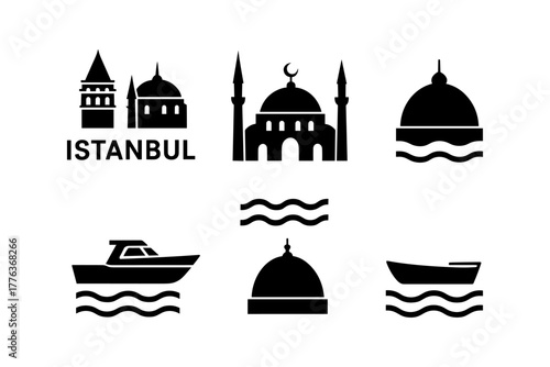 Istanbul skyline with iconic landmarks and nautical silhouettes