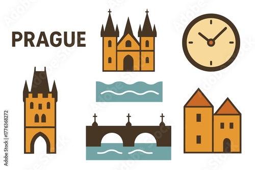 Prague icons set featuring historic landmarks and clock in simple flat design