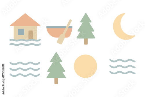 Minimalist nature and beach icons with trees, moon, and waves in soft pastels