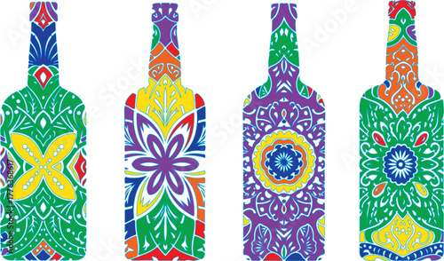 Four decorative bottles with colorful patterns mandala