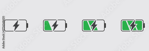 Green and Black Battery Power Icons — Energy Charge Level Vector Set