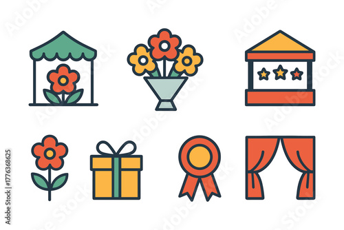 Colorful festival icons with flowers, gifts, and decorations in modern flat style