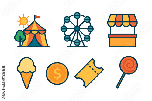 Amusement park fun: colorful icons of ferris wheel, tent, and food stalls in flat design
