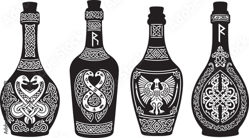 Ornate celtic knotwork bottles vector