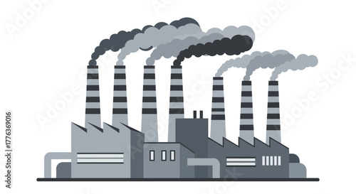 Monochromatic vector illustration of a large industrial factory with multiple smokestacks emitting polluting smoke