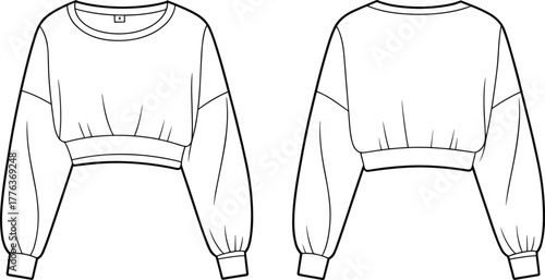 Crop sweatshirt front and back view, long sleeve pullover top, casual loose fit design, crew neck style, cad drawing flat vector illustration