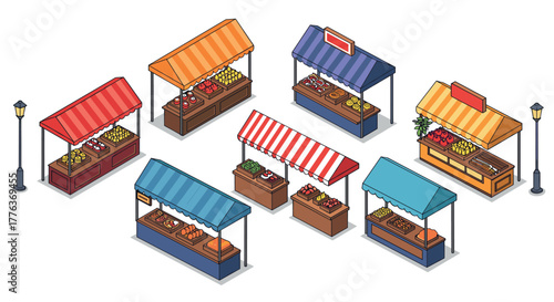 Isometric market stalls with colorful awnings and fresh produce