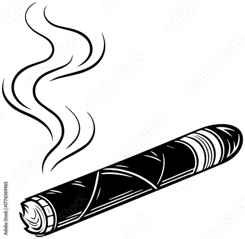 Cigar with Rising Smoke – Black and White Vector