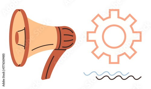Megaphone and gear alongside wavy lines portray concepts of communication, teamwork, progress, and innovation. Ideal for marketing, strategies, collaboration, engineering, technology development