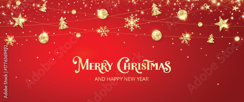 Red Christmas background with golden lettering, glitter confetti, garland, ornaments and snowflakes. Festive glowing frame decoration for holiday greeting headers. Vector illustration.