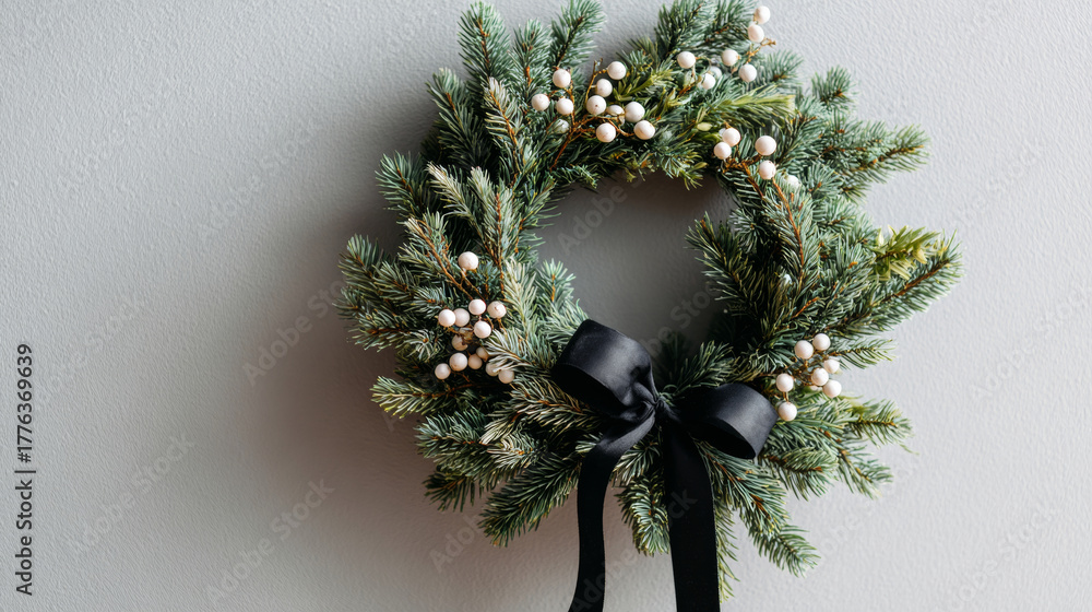 Obraz premium Decorative Christmas wreath made of pine branches with white berries and a black satin bow hanging on a light gray textured wall