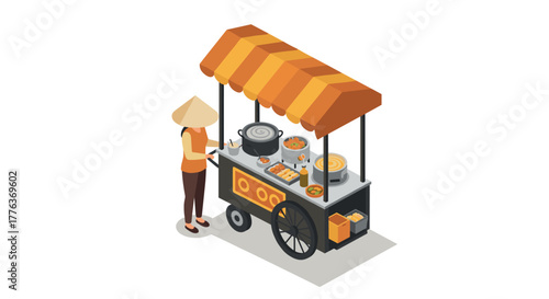 Asian street food cart with vendor in isometric style