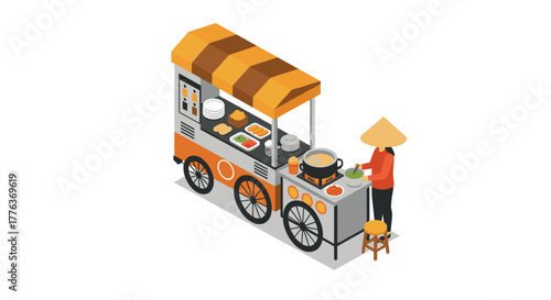 Street food cart in isometric style with vendor and cooking details