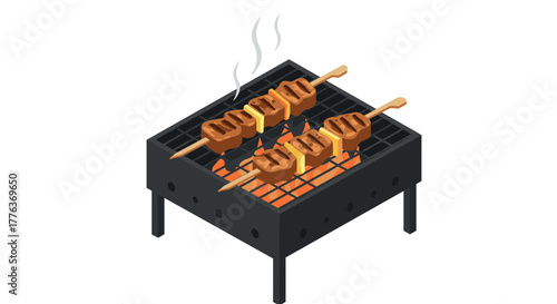 Isometric bbq grill with skewered meat and vegetables on grate