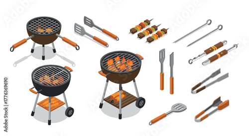 Isometric outdoor barbecue grill set with accessories and skewers
