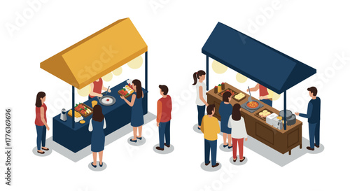 Isometric food market stalls with people interacting in a vibrant marketplace scene