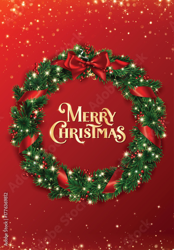 Merry Christmas wreath with pine branches, red bow and glowing lights on red background. Golden lettering and festive vertical design. Perfect vector for holiday banners and greeting cards.