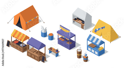 Isometric market stalls and tents set with banners and food stands