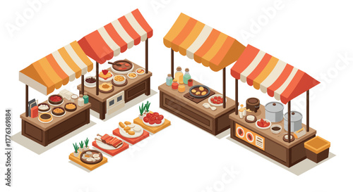 Isometric market stalls with colorful awnings and diverse food selection