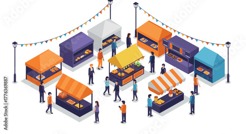 Isometric market scene with stalls and people in vibrant colors
