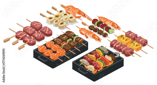 Isometric grilled skewers: variety of barbecue delights on wooden sticks