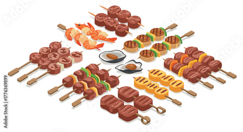 Isometric grilled skewers and seafood platter: assorted bbq delights on sticks