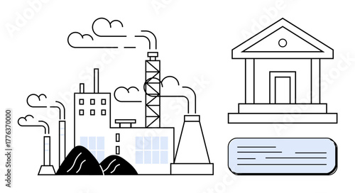 Factory with smokestacks, government building, and document implying economic policies, industrial growth, and governance. Ideal for economy, industry, policy, regulation business finance law