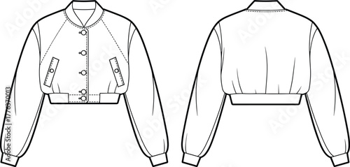 Women cropped bomber jacket front and back view, long sleeve outerwear design, fashion flat sketch, technical cad drawing vector illustration