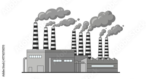 Stylized illustration of an industrial complex featuring numerous smoking chimneys, highlighting factory emissions and air quality challenges