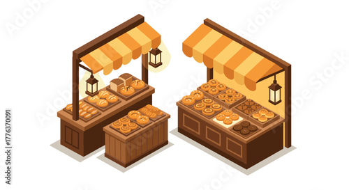 Isometric bakery stalls with fresh baked goods and pastries display
