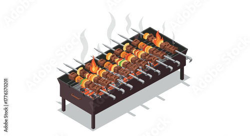 Isometric bbq grill with skewered meat and vegetables on fire