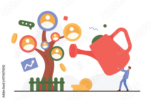 Development and organization of company employees by businessman, team management. Tiny man holding giant watering can to water tree with circle portraits of office workers cartoon vector illustration