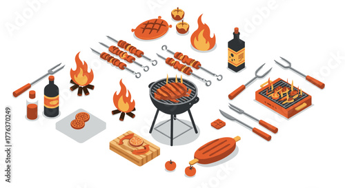 Isometric barbecue elements set with grills, skewers, and condiments on white background