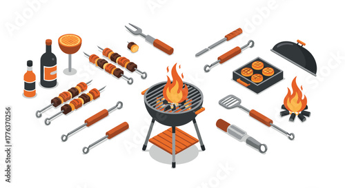 Isometric outdoor barbecue set with grill tools and food elements