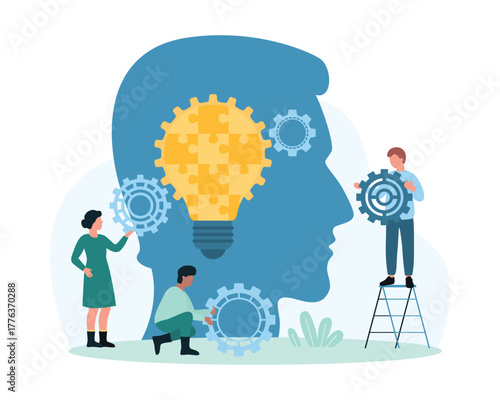 Critical thinking for problem solving vector illustration. Cartoon tiny people work with gears and light bulb from puzzle pieces in abstract head, innovation critic skill to find creative solution