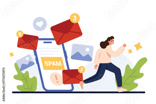 Mobile app mailbox full of marketing letters, spam overload. Tiny woman running away in anxiety and fear from emails with notifications flying from screen of giant phone cartoon vector illustration