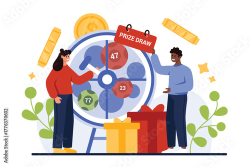 Prize draw, lottery gambling game for chance to win gifts. Tiny people roll drum machine to select random ball with number of winner, play for cash coins with raffle wheel cartoon vector illustration