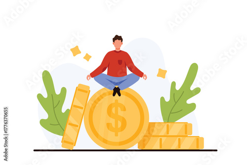 Financial expert, money guru shares success of wealth strategy. Tiny man sitting on golden dollar coin in peace meditation, balance between investment, payment and earnings cartoon vector illustration