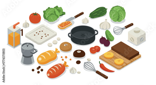 Isometric cooking ingredients with kitchen utensils and vegetables