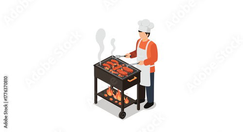 Isometric chef grilling barbecue meat outdoors on charcoal grill