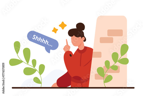 Please keep secrets and dont gossip with silence gesture. Woman peeking out and looking from behind wall with finger to mouth and warning Shhh text in speech bubble cartoon vector illustration