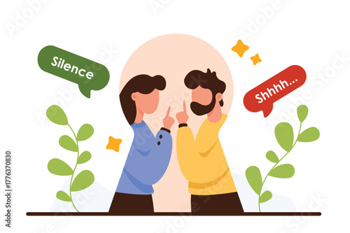 Shut mouth, stop talk gestures from couple, secrecy. Man and woman in keyhole of door showing index fingers to ask hush and secret, Shhhh and Silence text in speech bubbles cartoon vector illustration