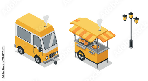 Isometric food truck and cart with lantern on white background