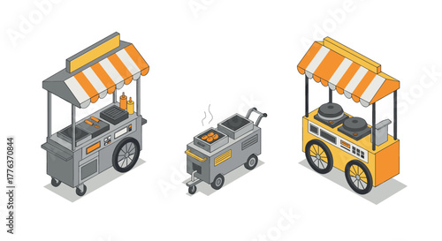 Isometric food cart collection: street vendor stands with grills and tandoors