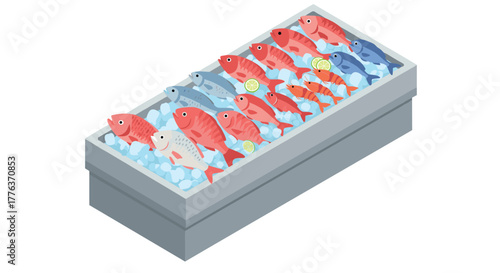 Colorful fish display on ice in market tray isometric design