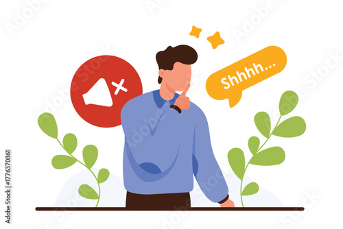 Please keep quiet, mystery silent gesture from man. Male character holding finger at mouth to ask for silence and keep secret, stop talking, Shhh text in speech bubble cartoon vector illustration