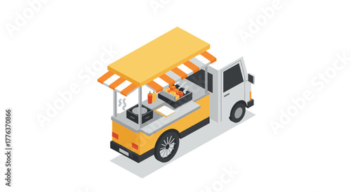 Isometric food truck with yellow awning and street food items in urban style