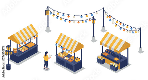 Outdoor market with stalls and festive lights in isometric design